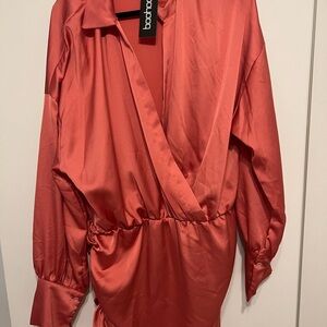 Boohoo Coral Satin Long Sleeve Dress